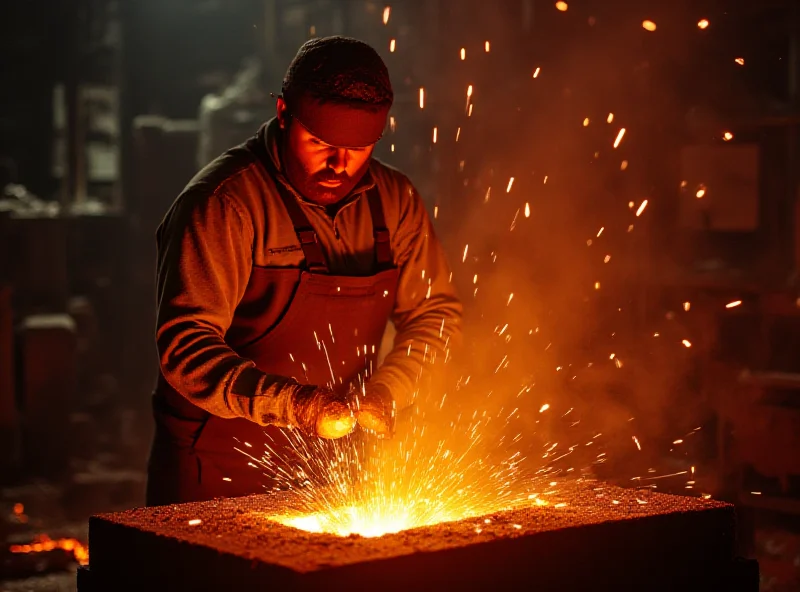 A worker pouring molten steel into a mold in a factory, symbolizing industrial revitalization in Europe.