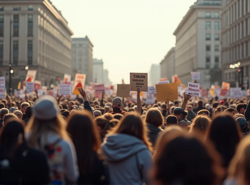A large group of people holding signs and banners during a protest, with buildings visible in the background.