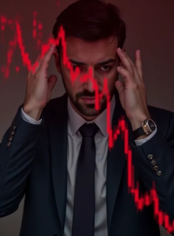 Image of a stock market ticker displaying falling numbers against the backdrop of a worried investor.