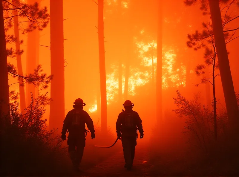 Firefighters battling a forest fire with smoke and flames visible.