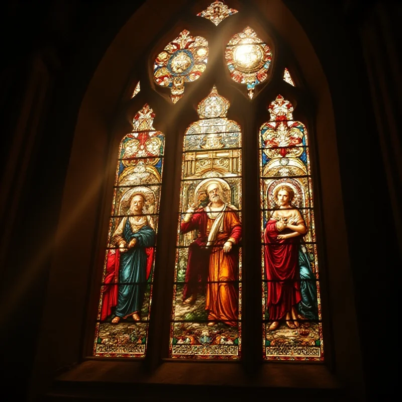 Image of a stained glass window inside a traditional English church.