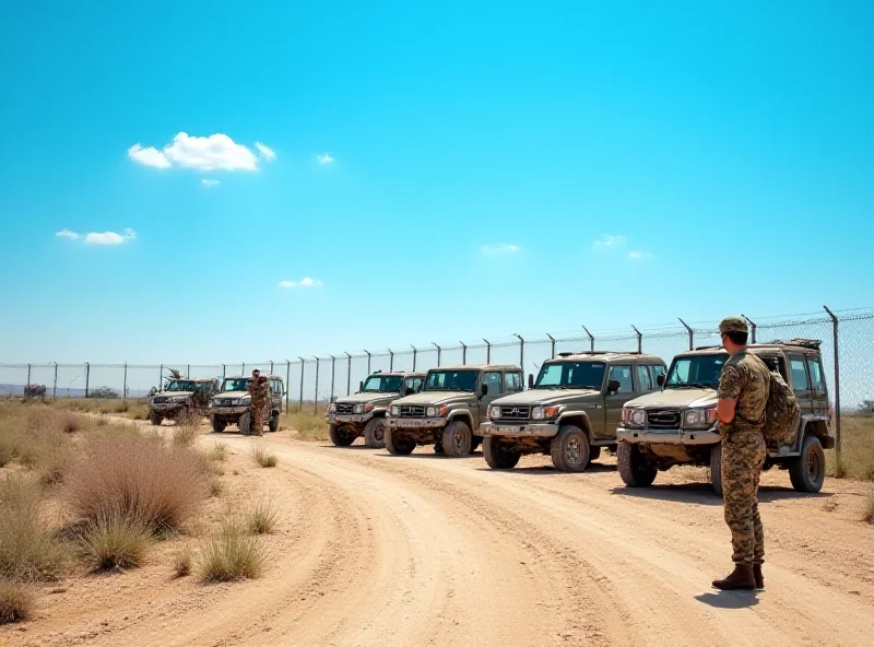 A line of military vehicles parked near a border fence under a clear blue sky.
