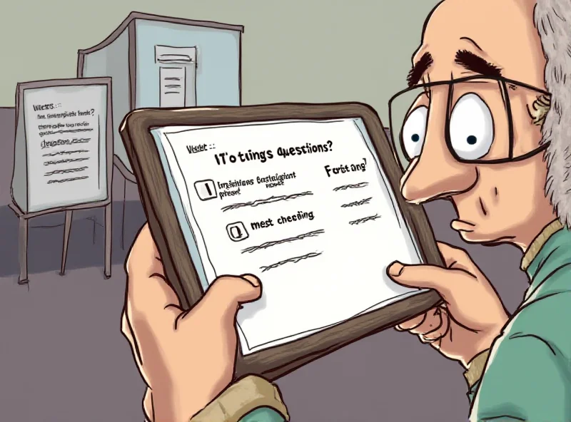 Illustration of a survey with leading questions and a concerned voter.
