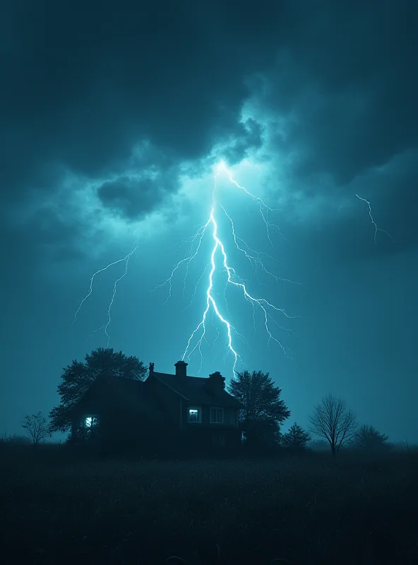 Image of a severe thunderstorm with a tornado forming, dark clouds, and a worried family looking out the window.