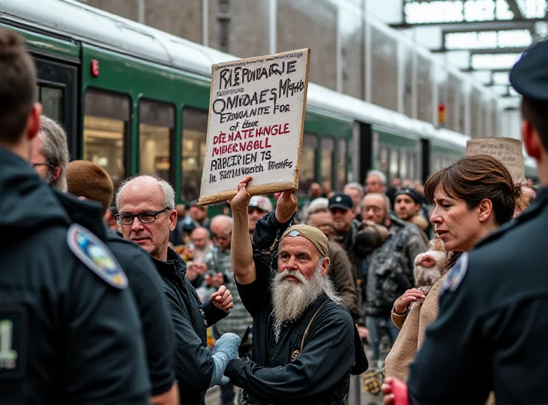Image of a climate protest with people holding signs and banners, with a train in the background and police officers present.