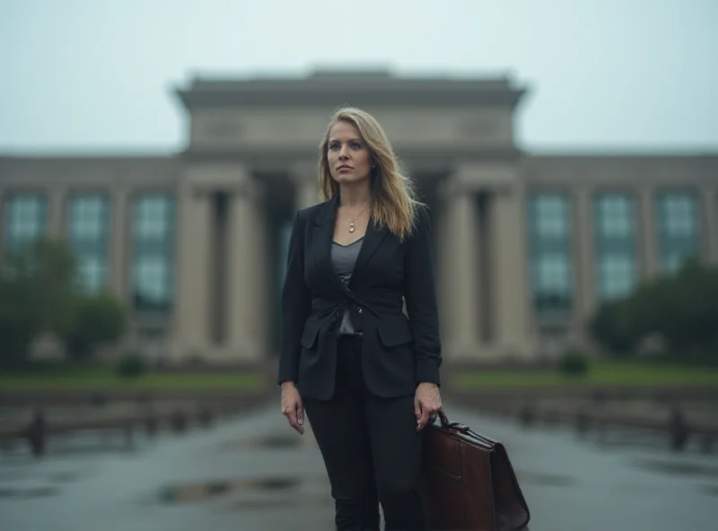 A woman stands in front of a courthouse, looking determined.