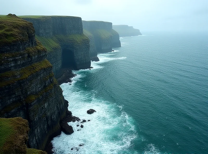 A dramatic view of the Slieve League cliffs in County Donegal, Ireland, with the sea crashing against the rocks below.