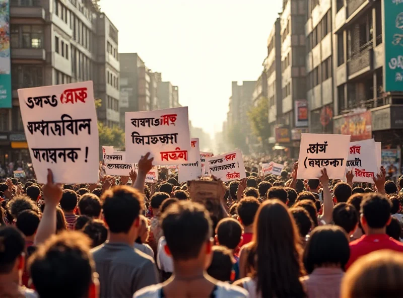 A protest in Bangladesh with people holding signs.