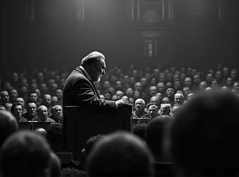Black and white photograph of Joseph Stalin addressing a crowd during the Soviet era. He is standing at a podium, with a serious expression, and the crowd appears to be listening intently. The image conveys the power and authority associated with Stalin's rule.