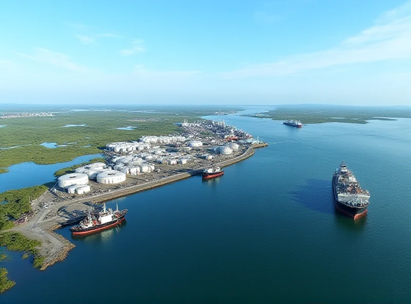 Aerial view of a large liquefied natural gas facility with ships docked nearby.
