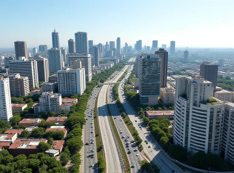 Aerial view of a bustling city in São Paulo, Brazil with modern infrastructure and visible security presence.