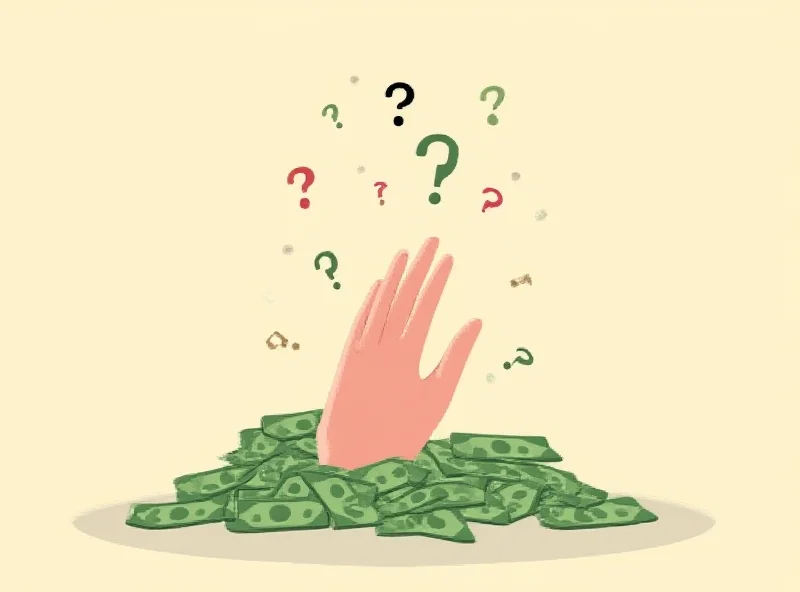Illustration of a hand reaching for a pile of money with question marks floating around.