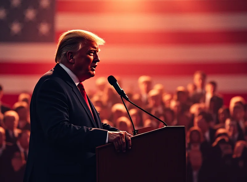 Illustration of Donald Trump speaking at a rally, with DEI policies subtly crossed out in the background.