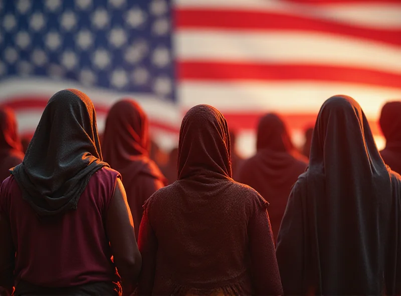 A group of diverse refugees standing in front of the US flag, looking hopeful.
