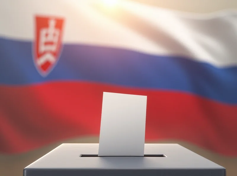 Illustration of Slovakian flag waving next to voting ballot box, representing regional elections.