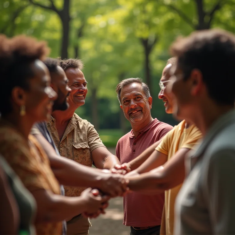 A group of people of different races and ethnicities standing together holding hands in a circle.