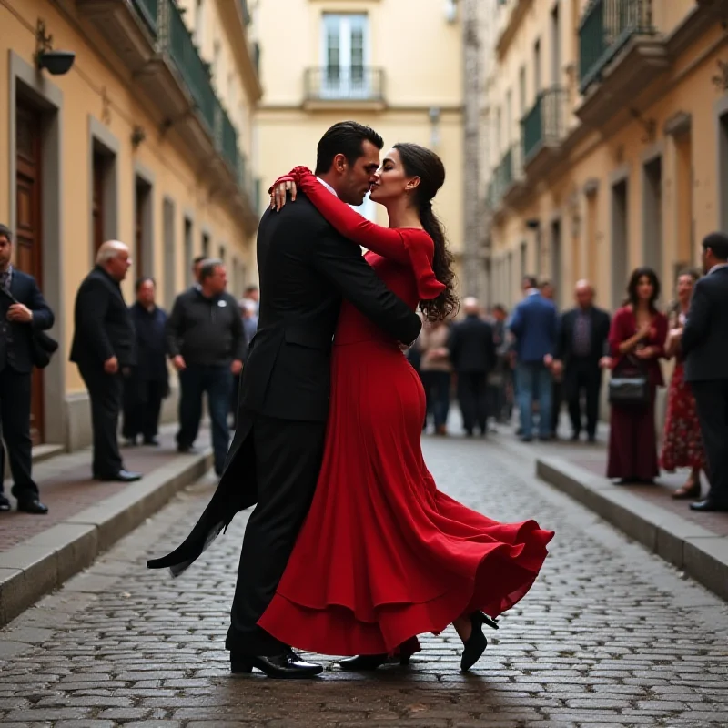 Two tango dancers in a passionate embrace, performing on a cobbled street.