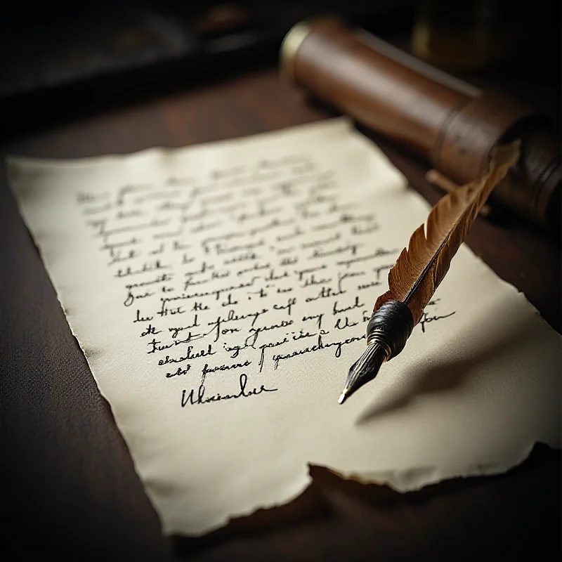 A close up of a handwritten letter, with a quill beside it.