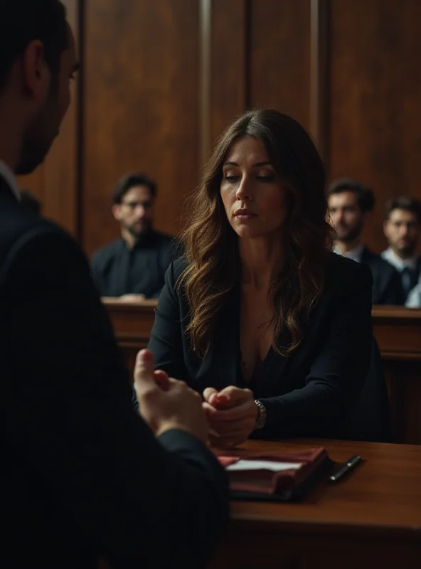 A courtroom scene with lawyers and judges, focusing on Jéssica being questioned.
