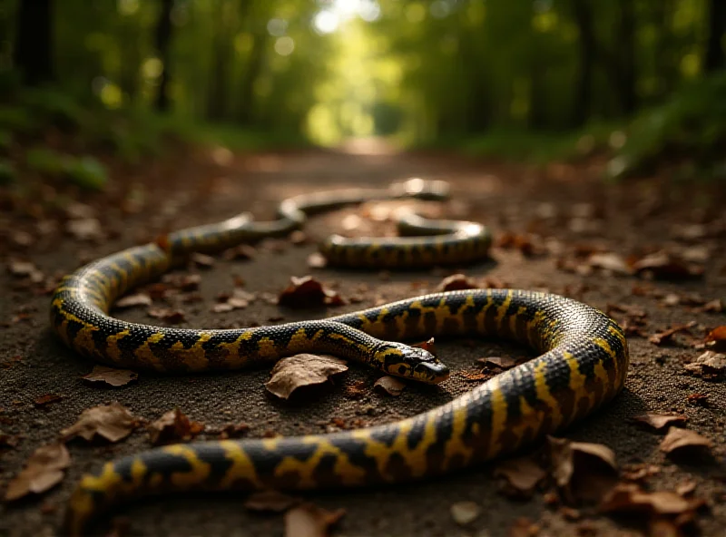 A dead royal python lying on a forest road amongst leaves and dirt.