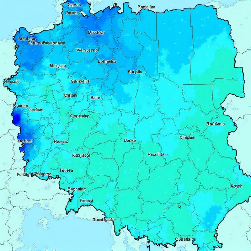 A weather map of Poland showing a cold front moving from west to east, with areas of rain in the east.