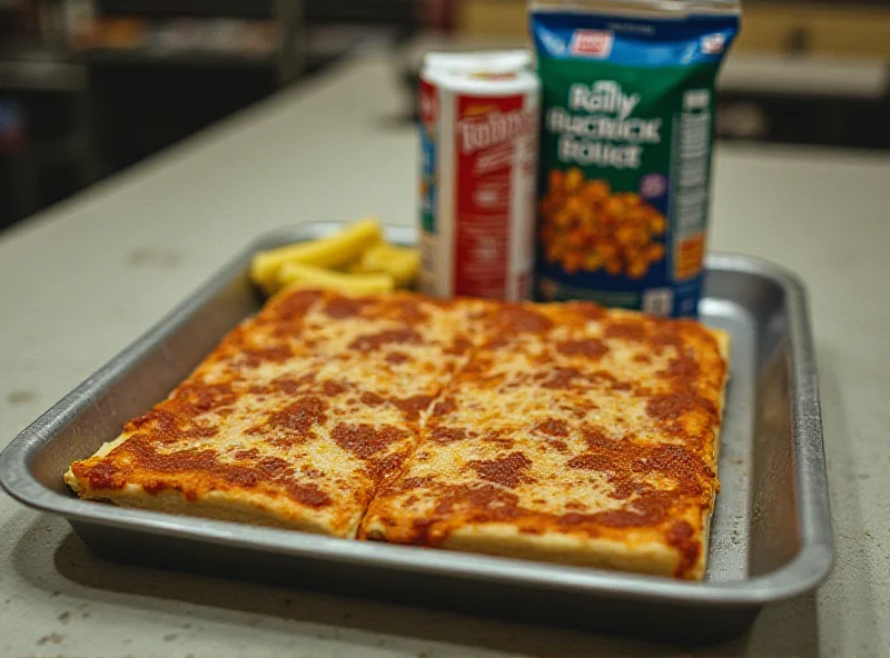 A tray of processed school lunch food on a cafeteria table.