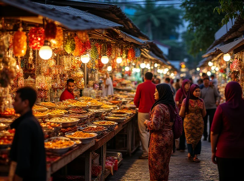 A bustling Ramadan bazaar in Penang, Malaysia, with vendors selling a variety of colorful dishes and drinks.