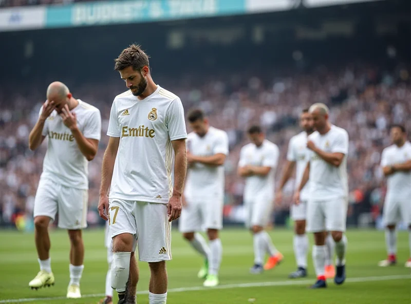 Real Madrid players looking dejected on the field after an injury during a match.