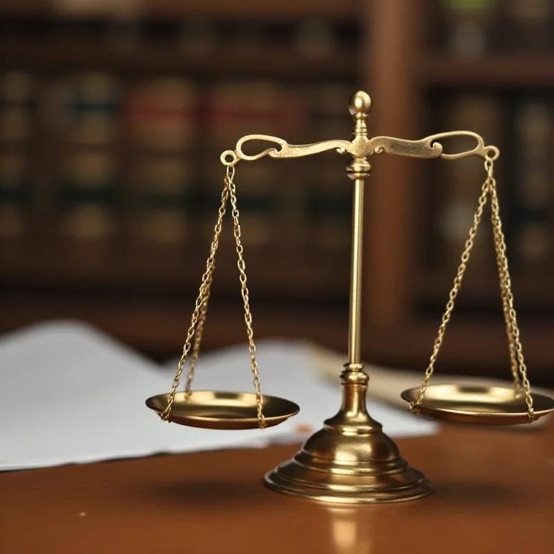 Scales of justice in a courtroom setting.