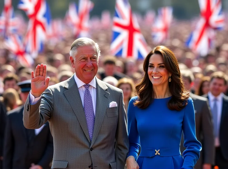 King Charles and Kate Middleton smiling and waving to a crowd during a royal engagement.