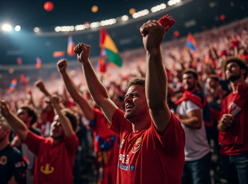 A crowd of rugby fans cheering in the stands.