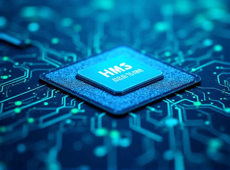 Illustration of a Samsung chip with AI circuitry, highlighting the HBM3E technology.