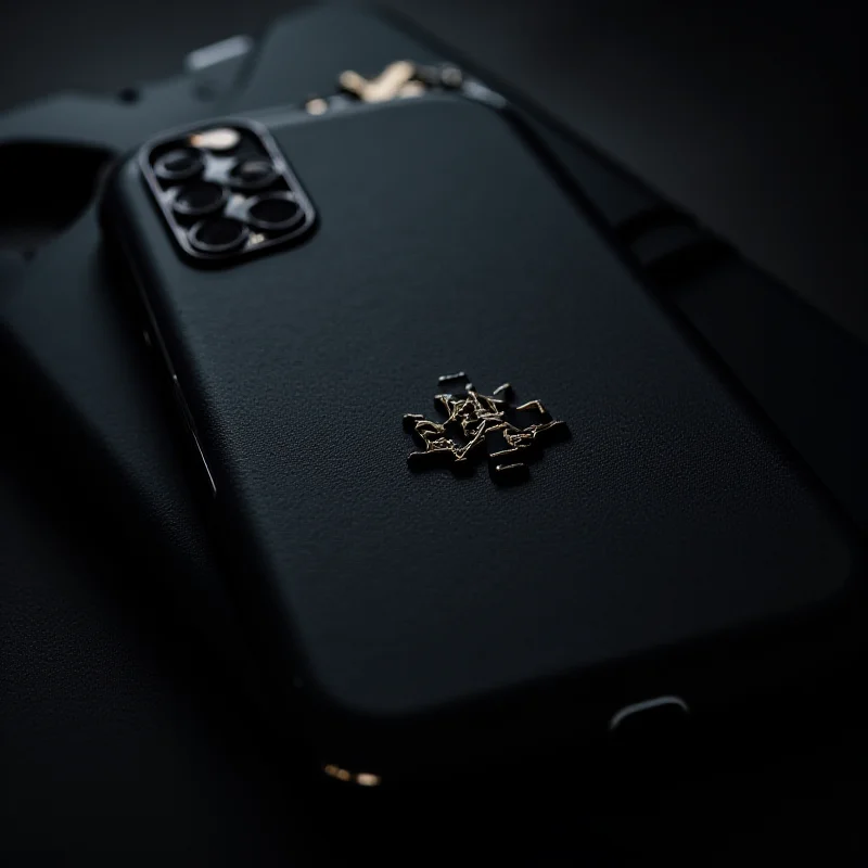 Close-up shot of a custom Galaxy S25 Ultra with a design inspired by John Wick, featuring dark colors and textured elements.