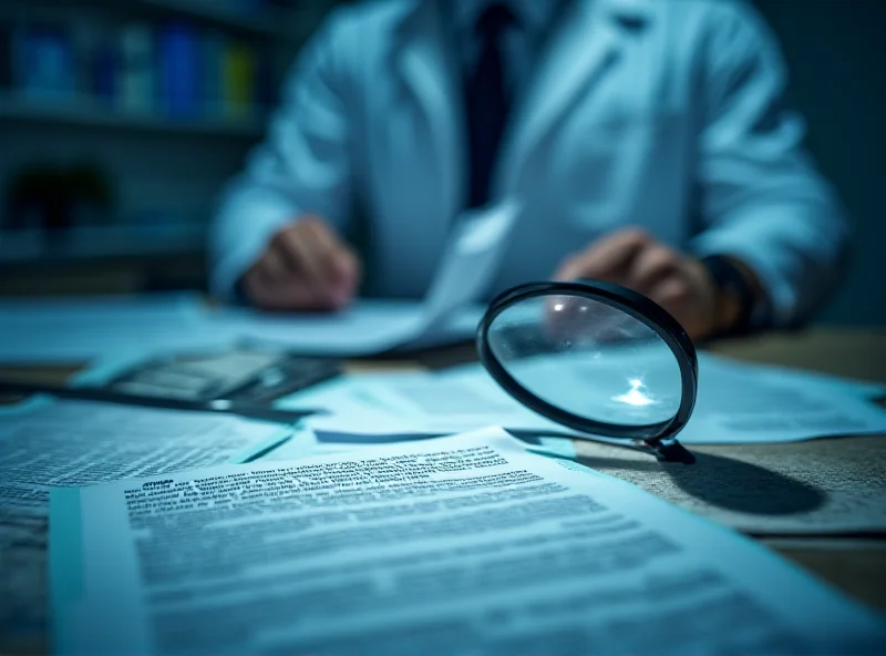 Conceptual image of retracted scientific papers and a magnifying glass over documents.
