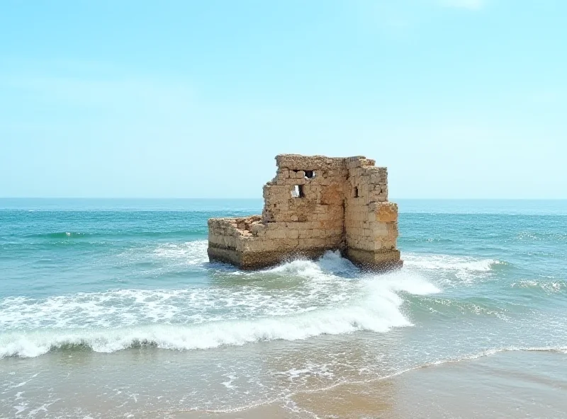 A partially submerged ancient ruin in Alexandria, with rising sea levels threatening to engulf it.