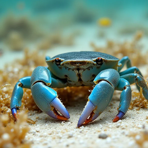 Close-up of a blue crab (Callinectes sapidus) in the Adriatic Sea, showing its vibrant blue claws and aggressive posture.