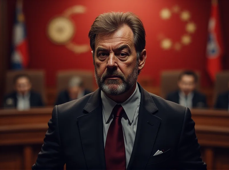Illustration of Milorad Dodik in a courtroom setting. He appears defiant, with the Bosnian flag blurred in the background.