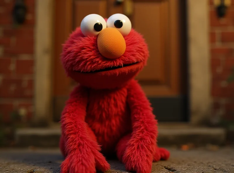 Elmo sitting on the famous Sesame Street stoop looking worried.