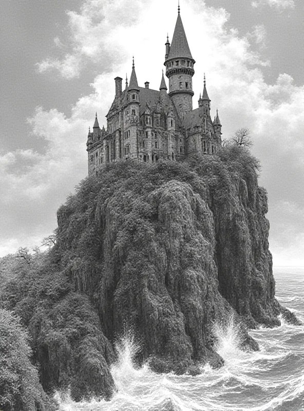 A black and white drawing by Victor Hugo depicting a fantastical castle on a cliff.