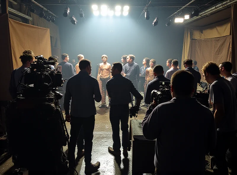 A movie set with lights, cameras, and crew members filming a scene.