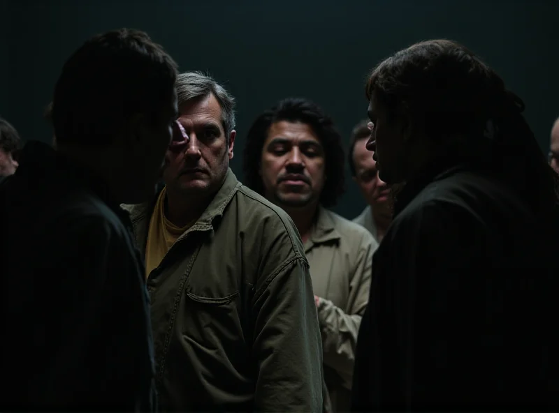 A dramatic scene from a prison production of a Shakespeare play.