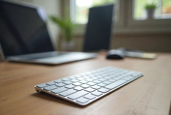 Close-up photo of an Apple Magic Keyboard on a wooden desk, with a MacBook in the background.