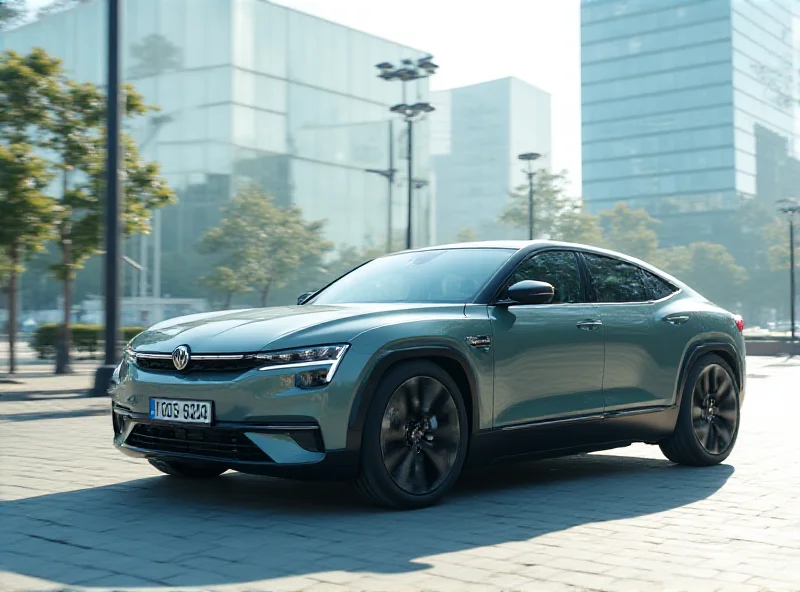 Exterior view of a Škoda electric vehicle, parked in a modern city setting.