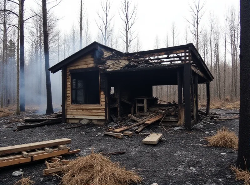 The smoldering remains of a wooden recreational cottage after a fire. Smoke is still rising from the debris.