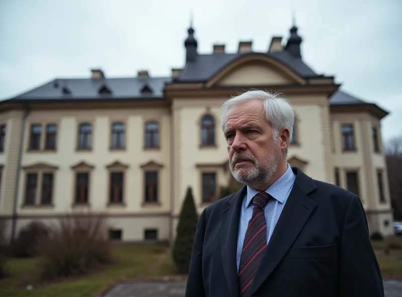 A concerned looking mayor standing in front of a town hall building.
