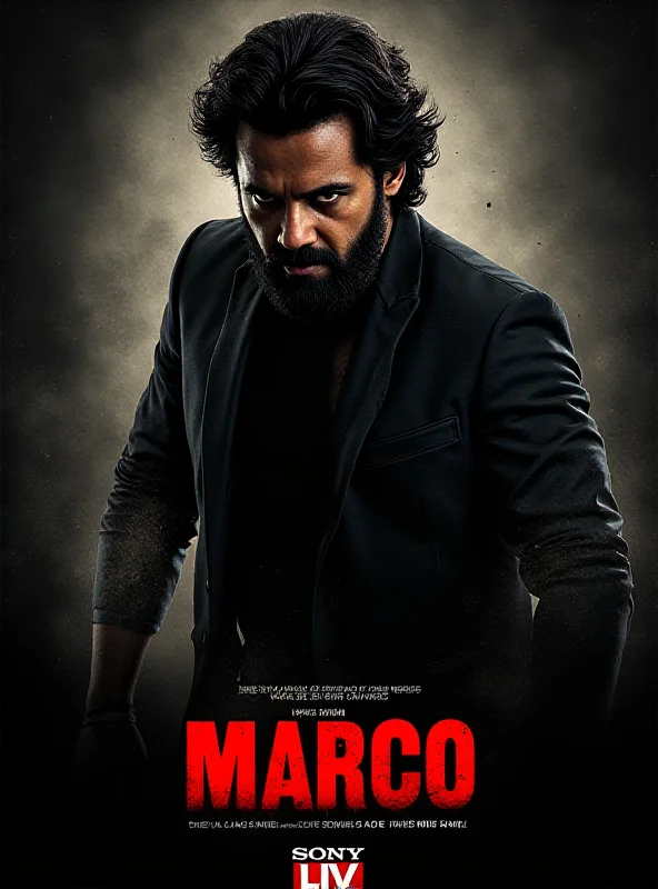A dramatic movie poster for Marco, featuring Unni Mukundan in a tough, action-oriented pose, with dark and gritty undertones suggesting a theme of revenge and crime.