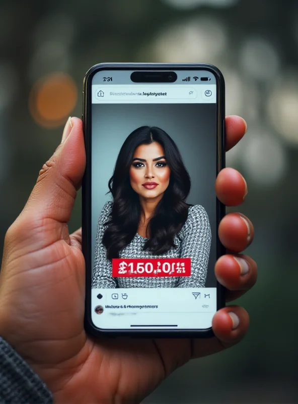 Conceptual image of a smartphone displaying a fake celebrity endorsement ad, with warning signs overlaid.