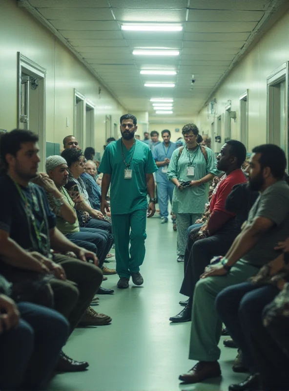 A crowded hospital hallway with people waiting for treatment.