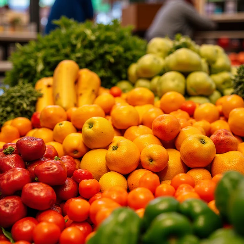 A colorful variety of fruits and vegetables displayed on a market stall.