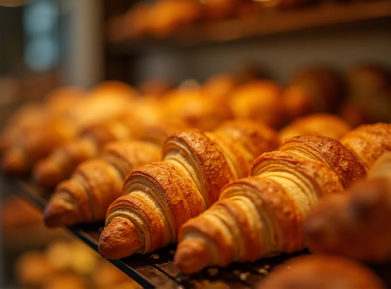 A close-up shot of freshly baked bread and pastries on a bakery shelf.